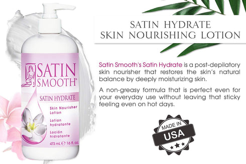 SATIN SMOOTH Hydrate Skin Nourisher Lotion, Daily Moisturizer, Post Waxing Treatment 16 oz