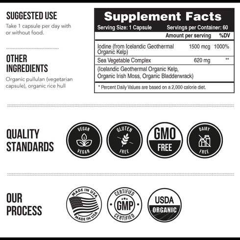 Organic Iodine Supplement, 1,500 mcg Max Strength from Sea Vegetable Complex, 1500 mcg