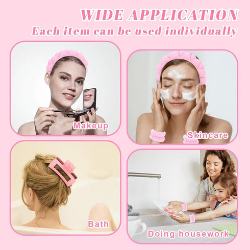 Wecoe Spa Headband and Wristband Set, Makeup Headband for Washing Face, Cute Pink Puffy Sponge Bubble Headband