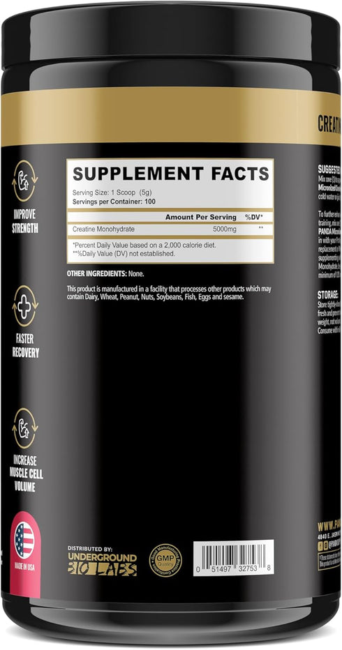 Panda Supps Micronized Creatine 5000mg, Unflavored Recovery Drink for Enhanced Muscle Mass and Performance (100