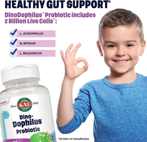 KAL DinoDophilus Probiotics for Kids, 2 Billion CFU, Chewable Black Cherry Flavor for Gut Health, 60 Servings.