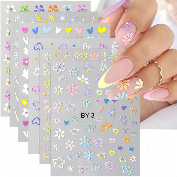 Nail Stickers for Flowers, 6 Sheets Colorful Heart Nail Art Decals, 3D Self-Adhesive Crystal Flowers for Decoration
