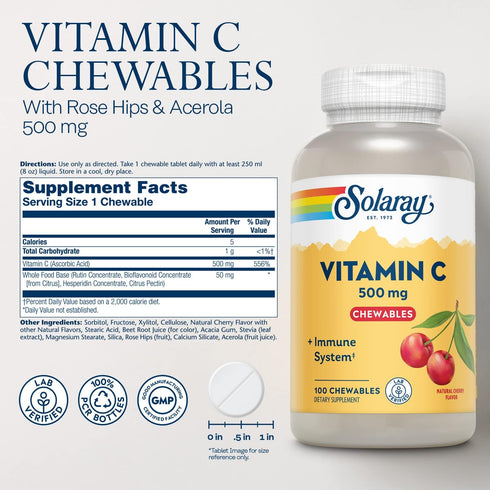 SOLARAY Chewable Vitamin C 500 mg, Natural Cherry Flavor with Natural Sweeteners, Antioxidant and Immune Support Supplement with Whole Food Base, 60-Day Guarantee, 100 Servings, 100 Chewables