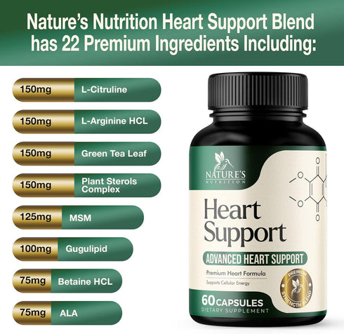 Heart Supplements 1650mg for Heart Health Support with CoQ10, L-Arginine, Magnesium, 60 Capsules