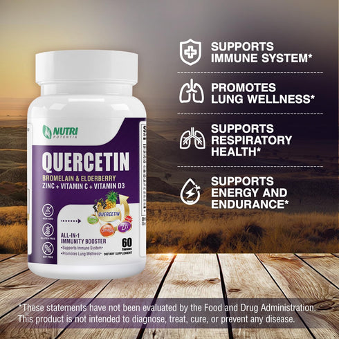 Quercetin with Bromelain, 500mg Capsules, Vitamin C & D3, Zinc, Elderberry for Lung Immune Support, 60 Capsules