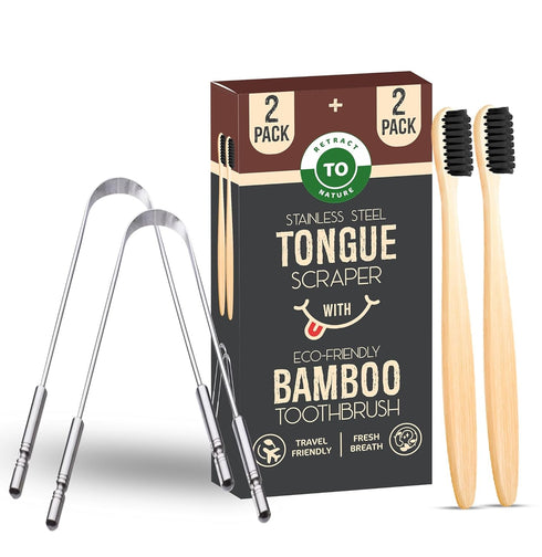 Eco-Friendly Tongue Scraper (2 Pack) with Bamboo Toothbrush (2 Pack) I Stainless Steel Cleaners for Fresher Breath.