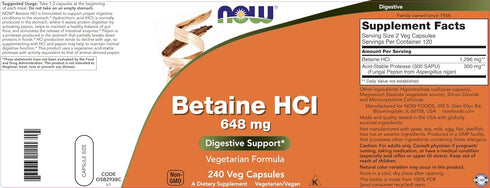 NOW Betaine HCl 648mg - Digestive Enzymes Supplement with Pepsin Protease for Protein Digestion Support - 240 Veg