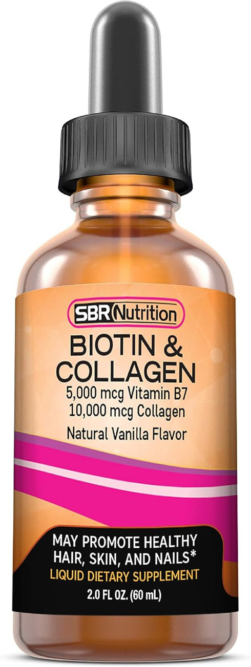 SBR Nutrition Biotin and Collagen Liquid Daily Dietary Supplement for Hair Growth, Skin Health, 2 oz (60mL)