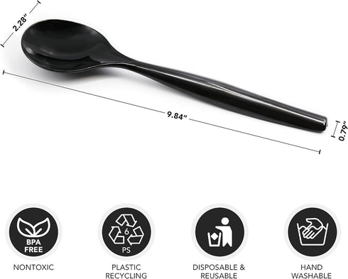 Party Essentials Disposable Heavy Duty Plastic Serving Utensils for Buffets Events Parties, 9-Count 10" Spoons, Black
