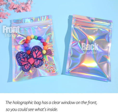 100 Pcs Holographic Resealable Packaging Bags, Cute Smell Proof Foil Pouch for Small Business Supplies, 4x6 inch