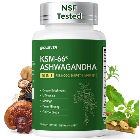 GlowEver KSM-66 Ashwagandha Supplements with L-Theanine Moringa Organic Mushrooms Complex Ginseng Ginkgo