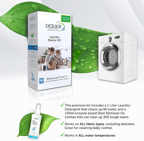 Excelsior HE Liquid Laundry Detergent, Natural Stain Remover, 66 Loads, Fresh Scent, 1 Liter Eco-friendly Starter Pack