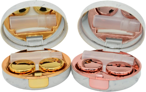 2 Pack Marble Contact Lens Case, All-in-One Travel Contact Container Soak Storage Kit (Rose Gold + Gold)