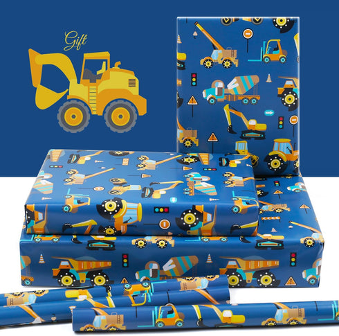 NEPOG 7 20x28 inches Road Under Construction Excavator Tractor Dump Truck Wrapping Paper for Kids Boys, Birthday