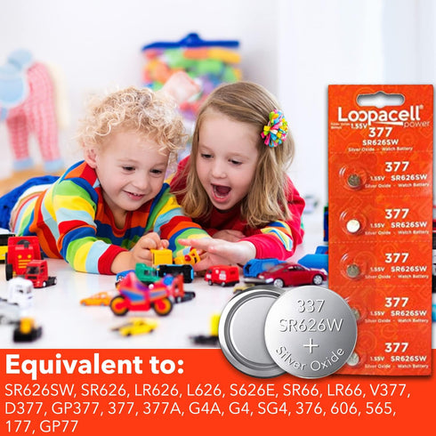 LOOPACELL 377/376 SR626W SR626SW (Pack 5) 1.55V / / / Silver Oxide Watch Batteries of - Long Lasting Coin Cell Battery