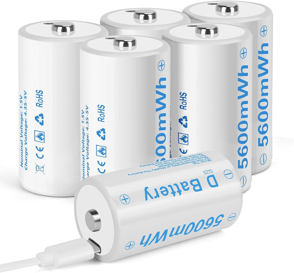 winbasic Rechargeable Lithium D Batteries with 4 in 1 USB-C Charging Cable 5600mWh