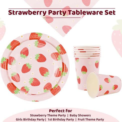 Strawberry Party Tableware Set - 200PCS Birthday Supplies Disposable Paper Plates Dinnerware for 50 Guests