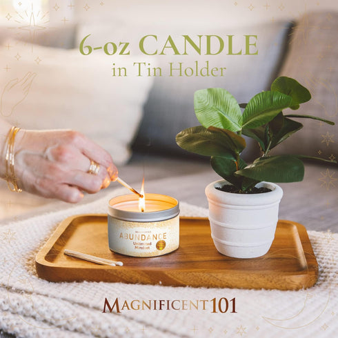MAGNIFICENT 101 Abundance Manifestation Smudge Candle, 6 Oz Soy Wax, Infused with Lemon, Rosemary