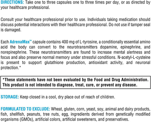 XYMOGEN AdrenaMax - L-Tyrosine + N-Acetyl-L-Cysteine NAC Supplement for Mood, Focus, Alertness - 120 Capsules