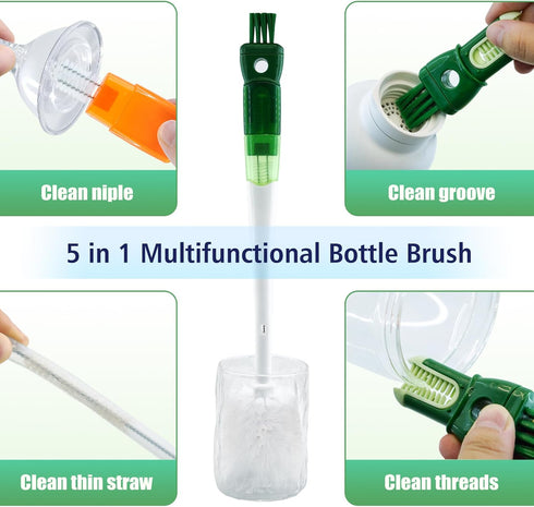 Rovella Set (1Pc Five-in-one Bottle Brush Green), Long Handle Bottle Cleaning Brush Straw Brush Nipple Brush