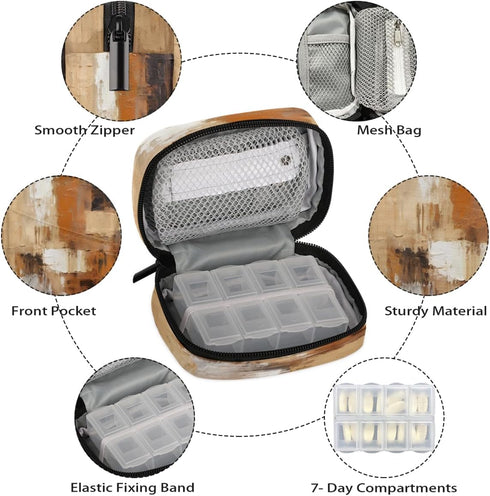 Skerhhux 7 Brown Pattern Design Pill Case Travel Pill Organizer Weekly Day Portable with Zipper Medicine Box Pill Case