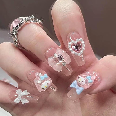 Thick Handmade Gel Press on Nails, Long Square Bling Pearl Cute Bow Rhinestone Kawaii Fake Nails Kit, Size M, 10 Nails