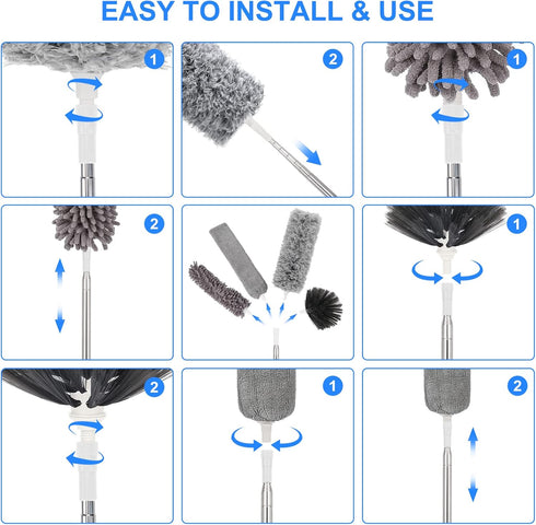 Duster with Extension Pole for Cleaning Ceiling Fans, High Ceilings, and Low Places, Gray