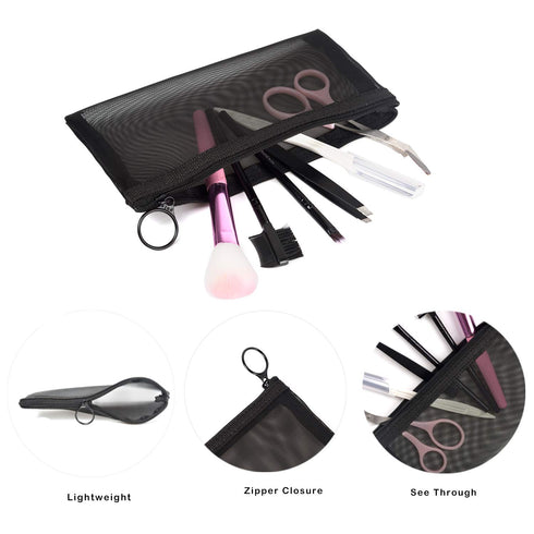 patu Zipper Mesh Bags, Long Case, 5 Pieces, Black Travel Toiletry Kit Set, Beauty Makeup Cosmetic Accessories Organizer