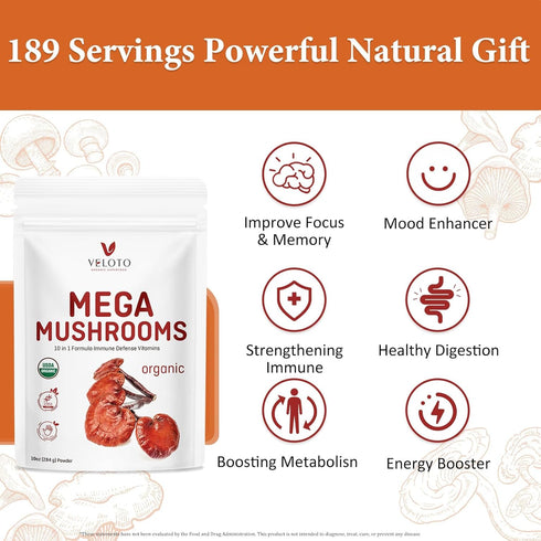 VELOTO Blend,10 1 10oz Organic Mega Mushroom Powder in Complex Mushroom Extract Powder Herbal Supplement with Reishi