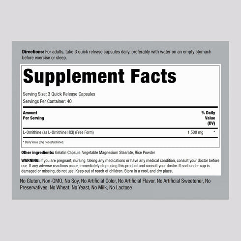 Piping Rock L-Ornithine 1500 mg | 120 Capsules | Free Form | Non-GMO, Gluten Free Supplement