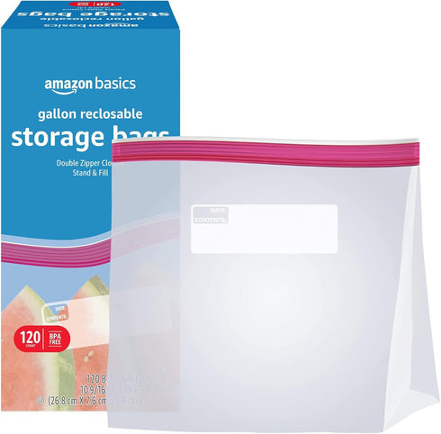 Amazon Basics Reclosable Gallon Food Storage Bags, Stand & Fill Base, 120 Count