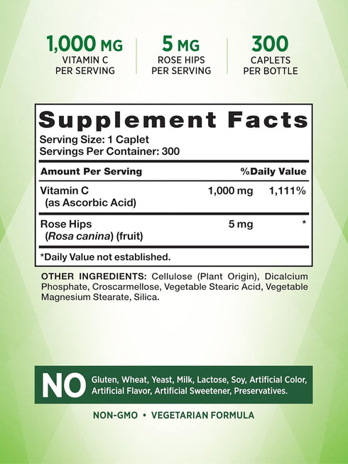 Nature's Truth Vitamin C 1000mg with Rose Hips | 300 Caplets | Vegetarian, Non-GMO & Gluten Free Supplement