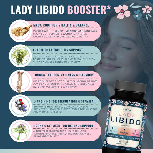 LadyZn 60 Lady Libido Supplement for Women Support Mood, Drive & Energy, with Hornygoatweed & Maca Root | Female Libido