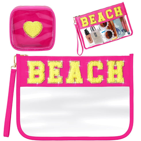 Hillban 2 Pcs Beach Makeup Bag - Clear Cosmetic Toiletry Pouch with Chenille Letter Patch for Summer Travel