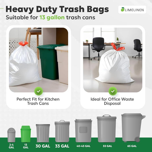 LIMELINEN 200 Count, 13-gallon 0.9 Commercial Tall Kitchen Trash Bags with Drawstring, Trash Bag of mil Thickness, Leak