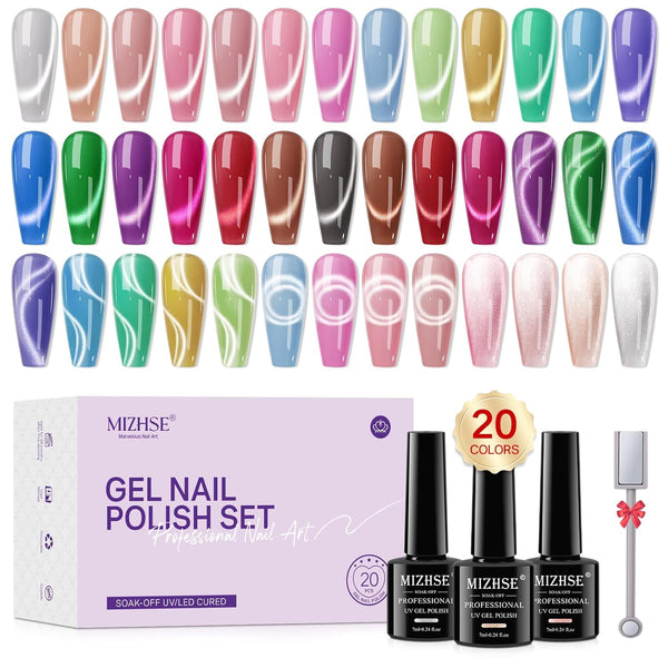 MIZHSE Cat Eye Gel Nail Polish Set, 20 Colors, Ceramic Magnetic Gel Polish with Magnet Stick, Soak Off Nail Art