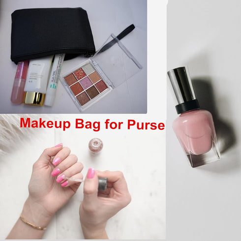 Small Black Makeup Bag for Purse, Vintage Cosmetic Pouch, PU Leather Mini Zipper Clutch, Travel Lipstick Holder