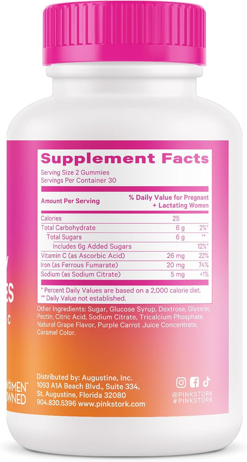Pink Stork Prenatal Iron Supplement Gummies for Women, 20 mg with Vitamin C, Grape Chewable for Deficiency, Energy,