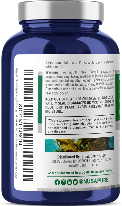 NusaPure High Absorption Sea Kelp Iodine, 325mcg, 650 mg per Veggie Capsule, 200 Count, Non-GMO, Vegan