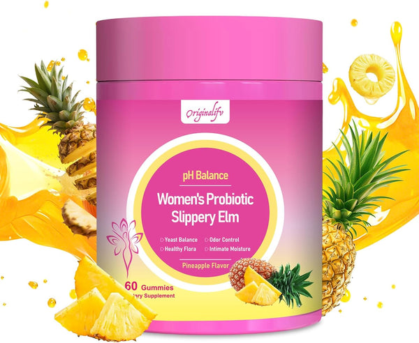originalifv Women Probiotics Gummies, 60 Vegan Sugar-Free Hawaiian Pineapple Gummies with Slippery Elm