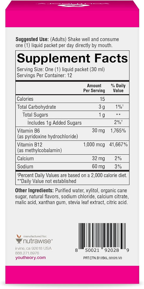 Youtheory Vitamin B12 B6, Daily Energy and Brain Support Supplement, 12 Liquid Raspberry Flavor 1oz Packets