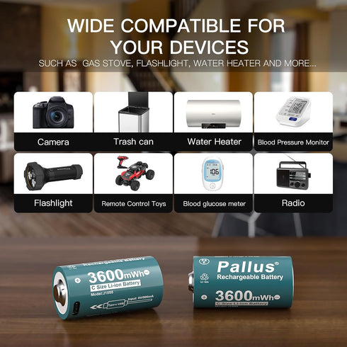 Pallus 4 1 4 Pack LR14 1.5V 3600mWh 1600x Rechargeable Lithium C Batteries with in USB-C Charging Cable, Rechargeable C