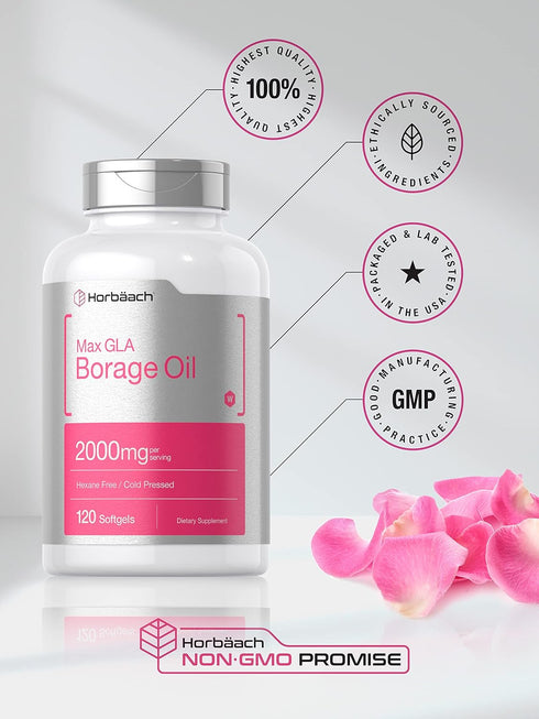 Horbaeach Borage Oil Capsules 2000 mg | 120 Softgels | Cold Pressed Seed Oil Supplement with 320mg of GLA