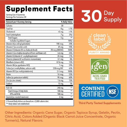 SmartyPants Kids Multivitamin Gummies: Omega 3 Fish Oil, Vitamin D3, C, B12, B6, A, K & Zinc, 120 Count