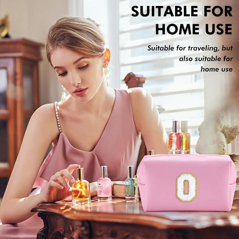Initial Makeup Bag Personalized Preppy Travel Small Cosmetic Bag Cute PU Pink Chenille Letter Makeup Pouch for Purse Waterproof Zippered Toiletry Organizer for Women Girls Kids Friends (O)