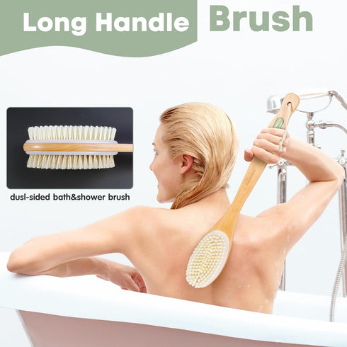 Body Scrubber with Soft and Stiff Natural Bristles, Dual-Sided Long Handle Shower Brush,Back Scrubber,Body Exfoliator for Bath or Dry Brush,Bath Brush,Back Brush