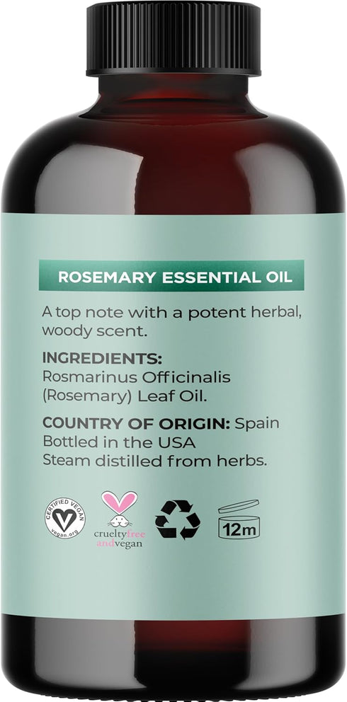 Pure Rosemary Essential Oil 4oz - Undiluted Oil for Hair, Skin, Nails & Aromatherapy Diffusers