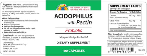 GeriCare Acidophilus with Pectin Probiotic Capsules, Optimizes Intestinal Flora, Digestive Gut Function, Boosts Immune Defenses, and Strengthens Bones, 100 Count (Pack of 1)