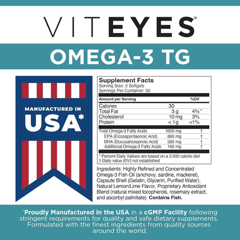 Viteyes Omega-3 TG, Supports Eye & Heart Health, Natural Triglyceride Fish Oil Formula, 60 Count