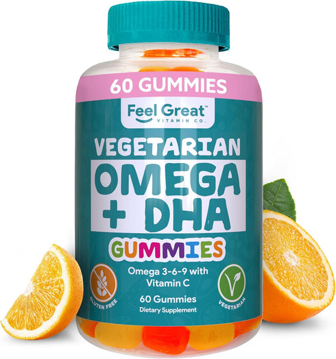 Feel Great Omega & DHA Gummies for Adults, Plant-Based Omega 3 Fish Oil Alternative, Vegetarian, Supports Brain &